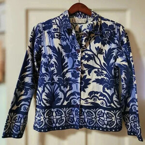 Life Style Y2K Boho Button Up Jacket Women’s Medium Blue Beige Floral Cotton